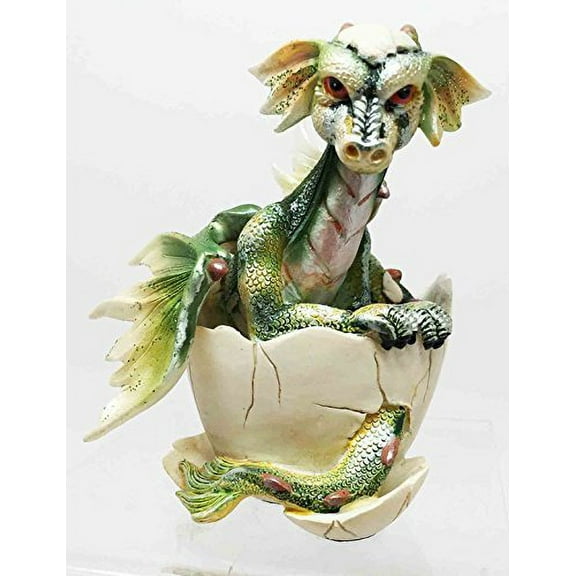 Grumpy Green Baby Dragon Hatchling Emerging From Egg Sculpture Collectible