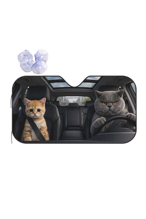 Grumpy Grey Cat Driver and Sad Tabby Kitten Car Windshield Sunshade, Foldable Funny Meme Sun Visor, UV Heat Block Protection, Cat Lover Gift, Universal Fit