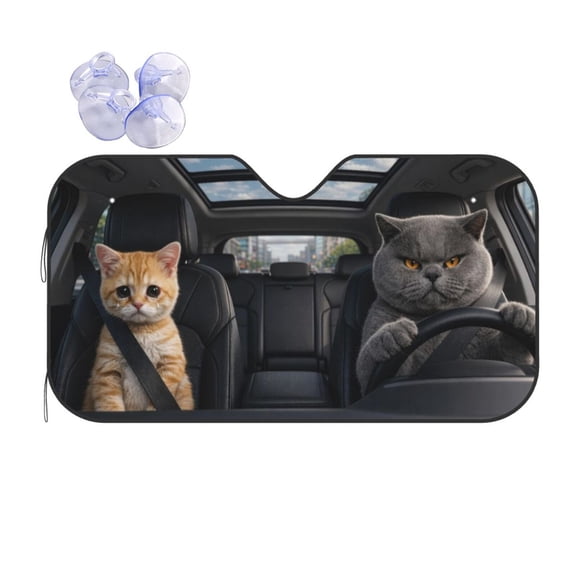 Grumpy Grey Cat Driver and Sad Tabby Kitten Car Windshield Sunshade, Foldable Funny Meme Sun Visor, UV Heat Block Protection, Cat Lover Gift, Universal Fit