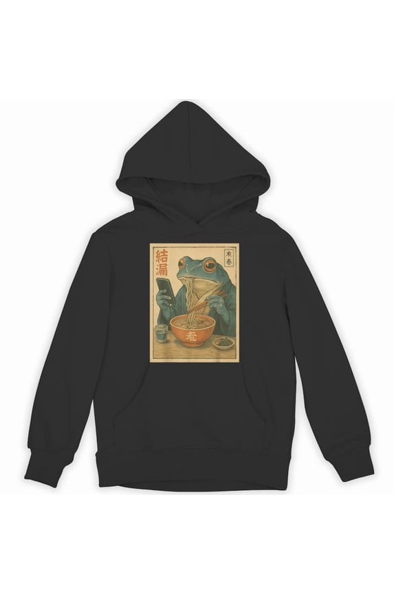 Grumpy Japanese Frog Eating Ramen And Scroll Phone Funny Sarcastic Animal Meme Hoodie, for men & women, up to size 5XL