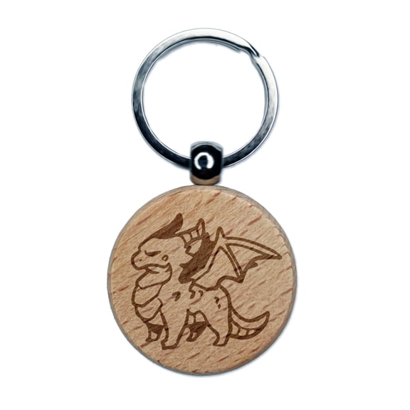 Grumpy Little Winged Dragon Round Keychain Charm Tag - Engraved Wood