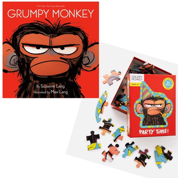 Grumpy Monkey Hardcover by Suzanne Lang, Max Lang and Grumpy Monkey Party Time! Puzzle Toy ( an Educational Gift Set of Problem Solving, Emotions, and Humor )
