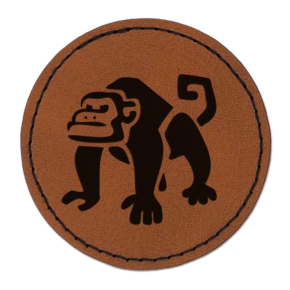 Grumpy Monkey with Curly Tail 2.5" Faux Leather Round Engraved Iron-On Patch - Brown