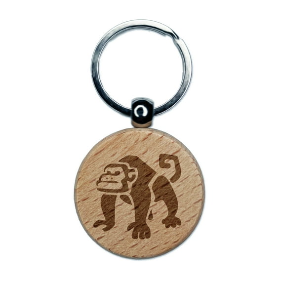 Grumpy Monkey with Curly Tail Round Keychain Charm Tag - Engraved Wood