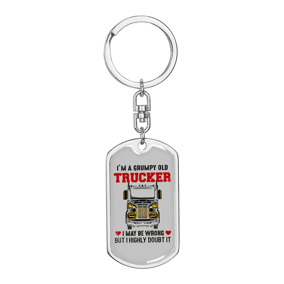 Grumpy Old Trucker Swivel Keychain Dog Tag Stainless Steel or 18k Gold