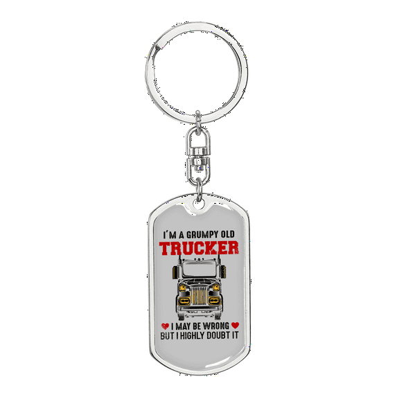 Grumpy Old Trucker Swivel Keychain Dog Tag Stainless Steel or 18k Gold