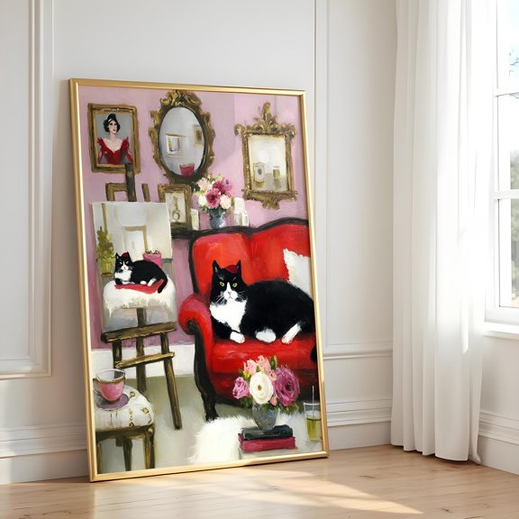 Grumpy Painter Cat Poster, Self Portrait, Pet Lovers , Poster Print Only