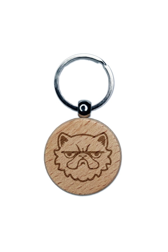 Grumpy Persian Cat Face Round Keychain Charm Tag - Engraved Wood