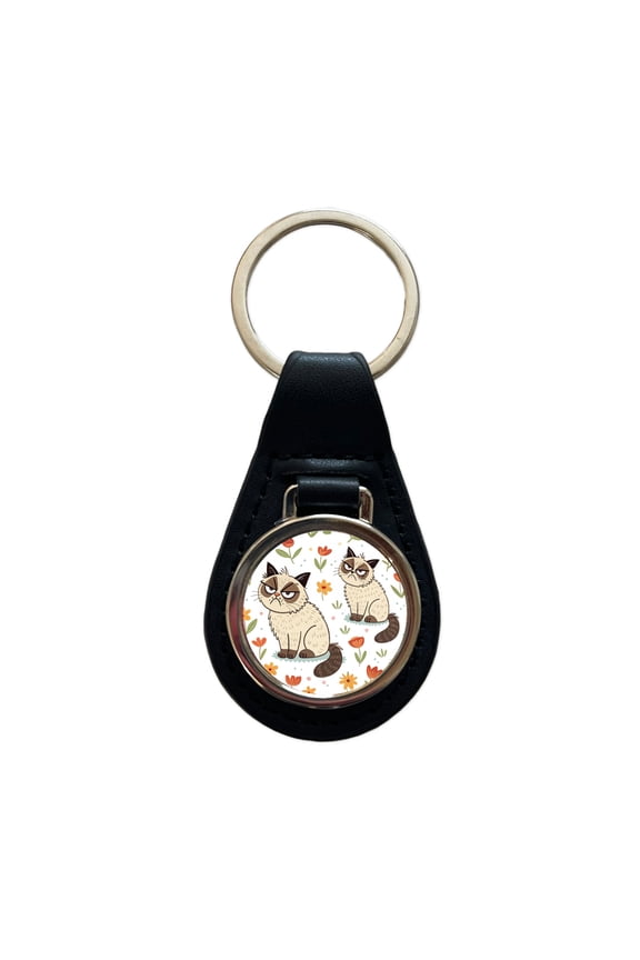 Grumpy Persian Cat Metal Black Leather Keychain