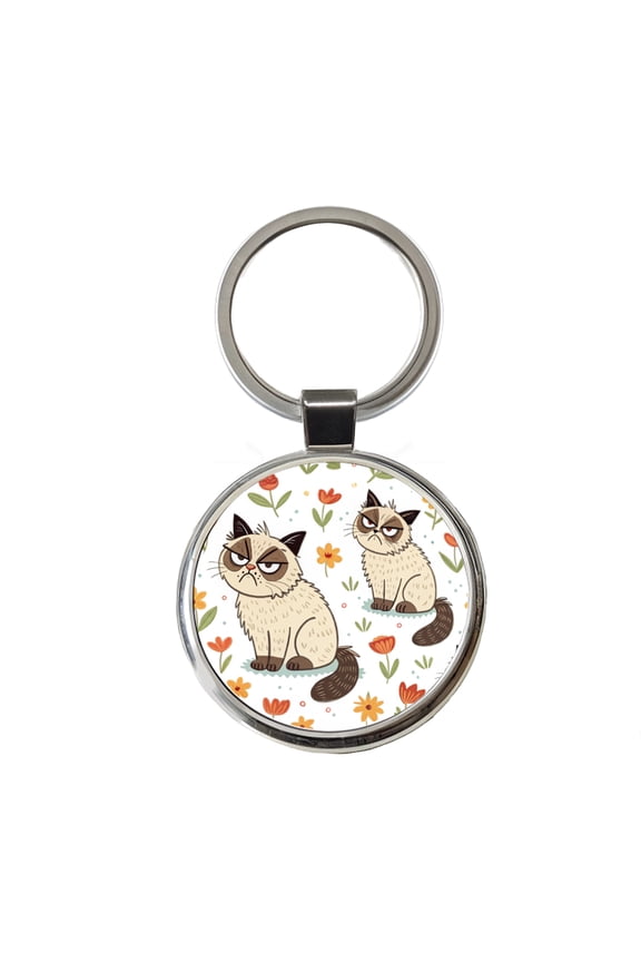 Grumpy Persian Cat Metal Round Keychain
