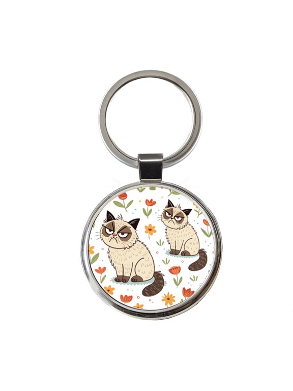 Grumpy Persian Cat Metal Round Keychain
