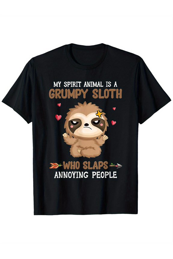 Grumpy Sloth Spirit Animal Funny T-Shirt - 100% Cotton 180GSM Heavyweight Casual Round Neck Tee with Grumpy Sloth Face Design, S-XXXL Sizes for Men & Women, Funny Gift Idea Suitable for Parties