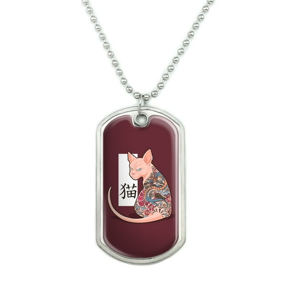 Grumpy Sphynx Cat Neko With Dragon Tattoo Military Dog Tag Pendant Necklace with Chain