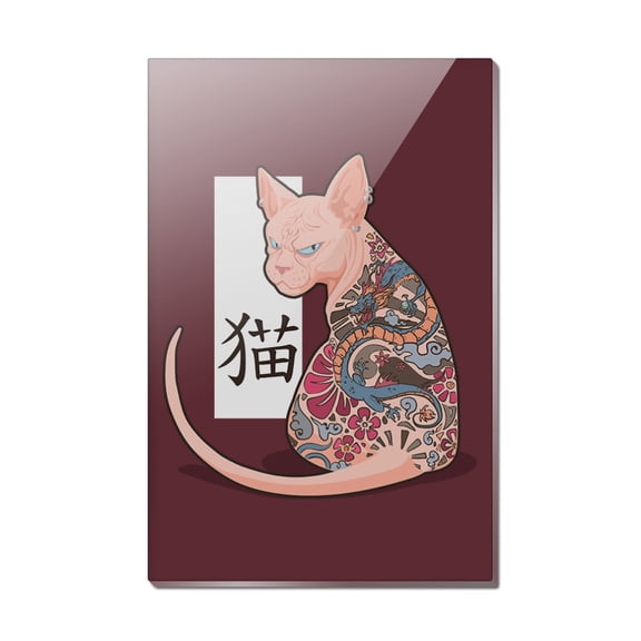 Grumpy Sphynx Cat Neko With Dragon Tattoo Rectangle Acrylic Fridge Refrigerator Magnet