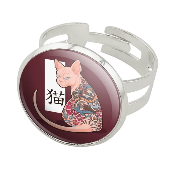 Grumpy Sphynx Cat Neko With Dragon Tattoo Silver Plated Adjustable Novelty Ring
