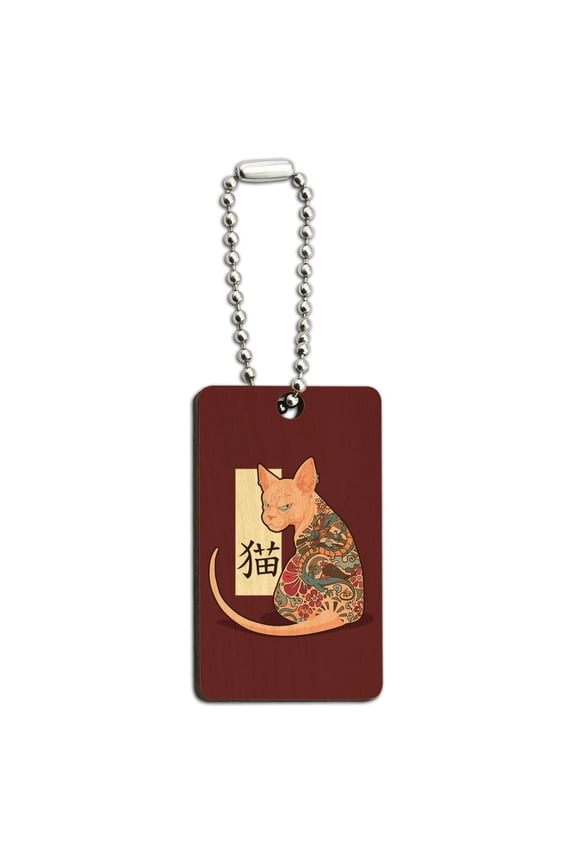Grumpy Sphynx Cat Neko With Dragon Tattoo Wood Wooden Rectangle Keychain Key Ring
