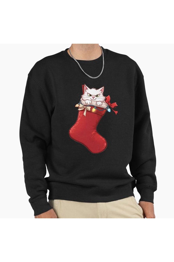 Grumpy White Cat In Red Christmas Stocking Graphic Unisex Sweatshirt Retro Art G22281, Up to Size 5XL