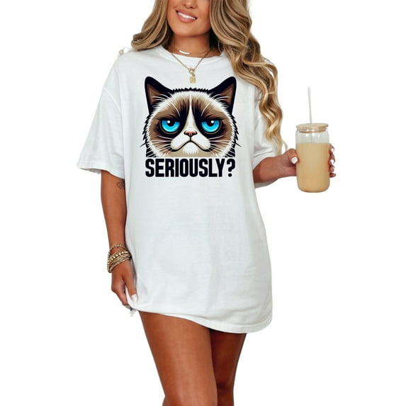 Grumpy cat seriously t-shirt, funny cat meme shirt, sarcastic cat face shirt, humor graphic tee, novelty pet lover t-shirt, White Comfort Colors T-Shirt, Small