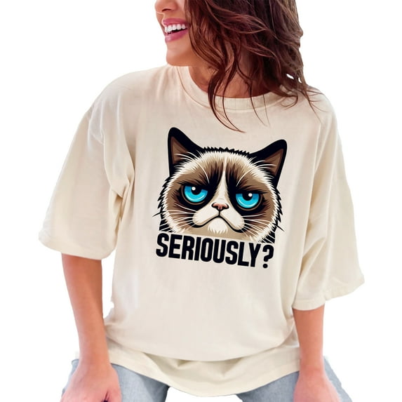 Grumpy cat seriously t-shirt, funny cat meme shirt, sarcastic cat face shirt, humor graphic tee, novelty pet lover t-shirt, Ivory Comfort Colors T-Shirt, Large