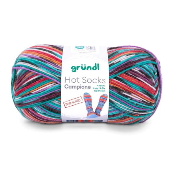 Grundl - Hot Socks Campione 4ply yarn, 100 g | 460 yards | 75% Virgin Wool Superwash, 25% Polyamide | Color 01 - Aqua-Pumpkin-Carmine-White-Black