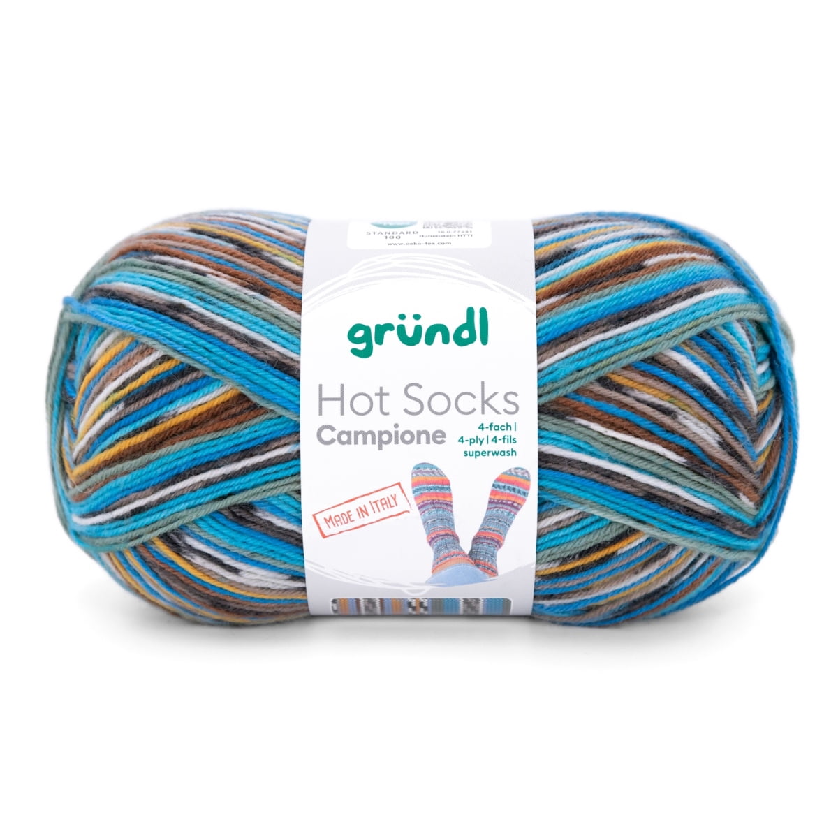 Grundl - Hot Socks Campione 4ply yarn, 100 g | 460 yards | 75% Virgin Wool Superwash, 25% Polyamide | Color 03 - Moss-Aqua-Orange-Sea-White-Black