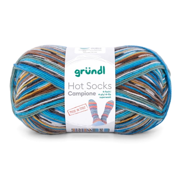 Grundl - Hot Socks Campione 4ply yarn, 100 g | 460 yards | 75% Virgin Wool Superwash, 25% Polyamide | Color 03 - Moss-Aqua-Orange-Sea-White-Black