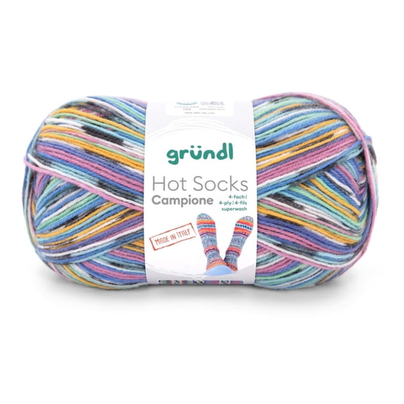 Grundl - Hot Socks Campione 4ply yarn, 100 g | 460 yards | 75% Virgin Wool Superwash, 25% Polyamide | Color 05 - Aqua-Rose-Kiwi-Orange-White-Black