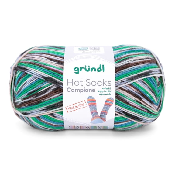 Grundl - Hot Socks Campione 4ply yarn, 100 g | 460 yards | 75% Virgin Wool Superwash, 25% Polyamide | Color 07 - Blush-Apricot-Blue-Lime-White-Black