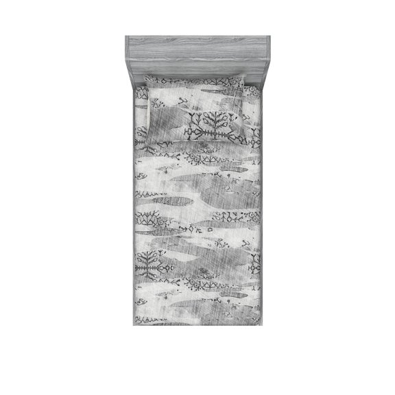 Grunge Art Fitted Sheet & Pillow Sham Set, Abstract Sketchy Pattern with Branch Look Details and Weathered Stripes, Decorative Printed 2 Piece Bedding Decor, Twin, Pale Grey Dimgray, by Ambesonne