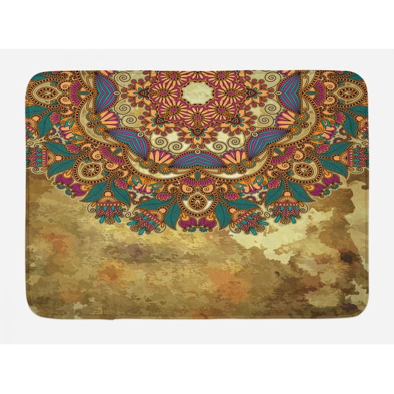 Grunge Bath Mat, Paisley Like Mandala Motif with Flowers Leaves and Buds Image, Plush Bathroom Decor Mat with Non Slip Backing, 29.5" X 17.5", Multicolor, by Ambesonne