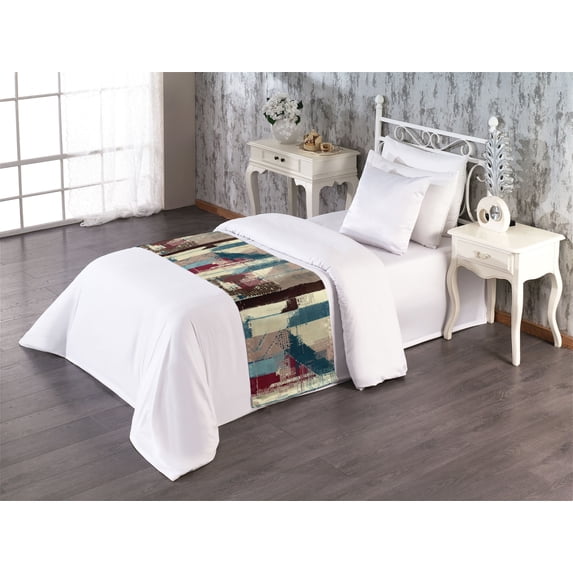 Grunge Bed Runner, Jumble Composition of Abstract Stripes and Dots Contemporary Artwork, Decorative Accent Bedding Scarf for Hotels Homes & Guest Rooms, Twin, Cream Raspberry Sea Blue, by Ambesonne