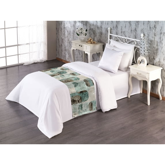 Grunge Bed Runner, Rounded Rectangular Forms Weathered Bohemian on Eggshell Toned Backdrop, Decorative Accent Bedding Scarf for Hotels Homes & Guest Rooms, Twin, Laurel Green Dark Brown, by Ambesonne