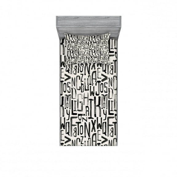 Grunge Bedding Set with Sheet & Covers, Small Large Grunge Letters in Random Sizes Pattern Alphabet Modern, Printed Bedroom Decor 2 Shams, 4 Sizes, Charcoal Grey White, by Ambesonne