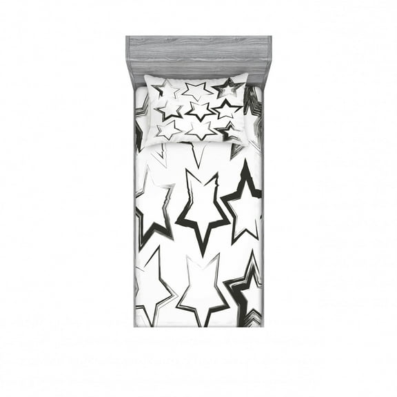 Grunge Bedding Set with Sheet & Covers, Grunge Star Brush Strokes with Different Borders and Angles Artisan Design Print, Printed Bedroom Decor 2 Shams, 4 Sizes, Charcoal Grey, by Ambesonne