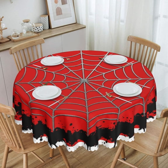 Grunge Black Splatter Red Spider Web Round Tablecloth Waterproof Oil-Proof Plastic Table Cloth Stain-Resistant Wipeable 60" for Camping, Dining, Indoor and Outdoor