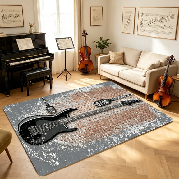 Grunge Brick Electric Guitar Rock Floor Mat, Living Room Bedroom Kitchen Accent Mat, Housewarming Christmas Gift for Rock N Roll Fans