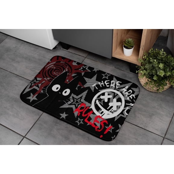 Grunge Cat Doormat No Rules Punk Style Front Door Mat Edgy Black Red Star Graffiti Entryway Rug Alt Home Decor Gift