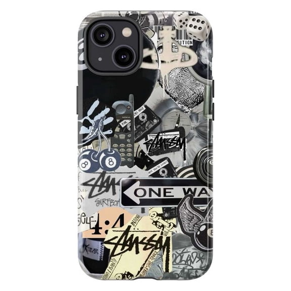 Grunge Collage Phone Case to iPhone 16 15 14 13 12 11 Pro Max – Vintage Graffiti, Stüssy Tags, One Way Sign & Urban Retro Style Phone Cover