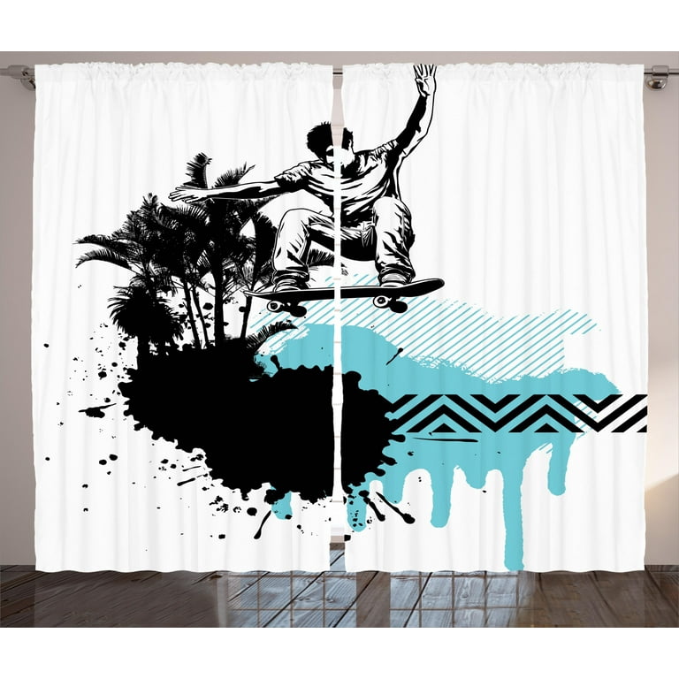 Grunge Curtains 2 Panels Set, Young Boy Skater Jumping Exotic Sports Theme  Motley Skateboarding Illustration, Window Drapes for Living Room Bedroom,  108W X 90L Inches, Black Light Blue, by Ambesonne 