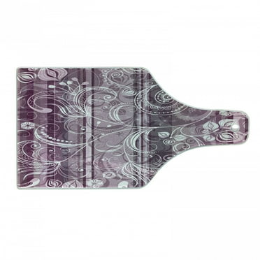 Grunge Cutting Board, Flowers and Leaves with Curved Stems Ornate Style Art on Striped Background Print, Decorative Tempered Glass Cutting and Serving Board, Wine Bottle Shape, Lilac, by Ambesonne
