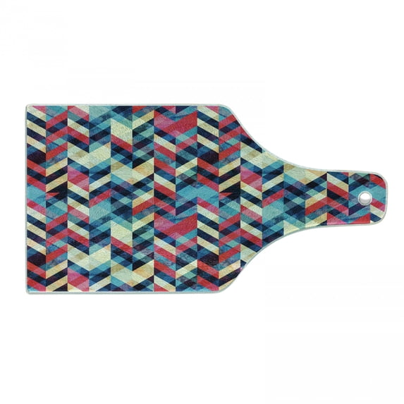 Grunge Cutting Board, Hipster Zigzag Herringbone Retro Style Pattern Chevron Triangles with Grunge Effect, Tempered Glass Cutting and Serving Board, Wine Bottle Shape, Multicolor, by Ambesonne
