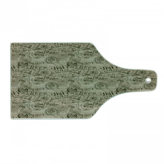 Grunge Cutting Board, Nostalgic Pins from Different Countries Graphic Design Uniform Style Pattern, Tempered Glass Cutting and Serving Board, Wine Bottle Shape, Army Green Tan, by Ambesonne