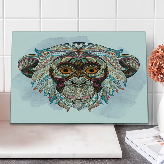 Grunge Cutting Board, Patterned Head of a Monkey on the Grunge Background Totem Illustration, Decorative Tempered Glass Cutting and Serving Board, Large Size, Teal and Brown, by Ambesonne