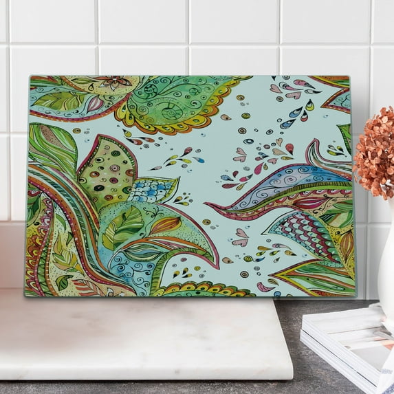 Grunge Cutting Board, Patterns of Leaves Flowers and Heart Shapes in Abstract Garden Theme Art Print, Decorative Tempered Glass Cutting and Serving Board, Large Size, Green Orange, by Ambesonne