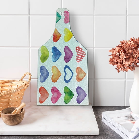 Grunge Cutting Board, Rainbow Color Heart Shapes Valentine's Day Design Romantic His and Hers Theme, Tempered Glass Cutting and Serving Board, Wine Bottle Shape, Red Blue Yellow, by Ambesonne