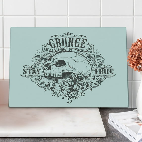 Grunge Cutting Board, Skull and Rose Art Vintage Floral Pattern Monochrome Tattoo Style Retro Theme Print, Decorative Tempered Glass Cutting and Serving Board, Large Size, Black White, by Ambesonne