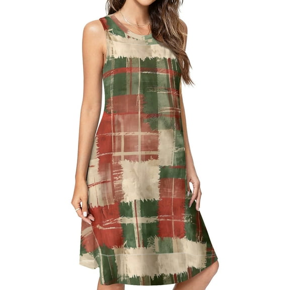 Grunge Distressed Christmas Plaid Spring Summer Dresses for Women Fashion T-shirt Dress Casual Sleeveless Loose Sundress with Pockets