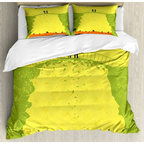 Grunge Duvet Cover Set, 2 Men Shaking Hands and Sharks Under the Bridge Business Murky Illustration, Decorative 3 Piece Bedding Set with 2 Pillow Shams, Queen Size, Yellow Green, by Ambesonne