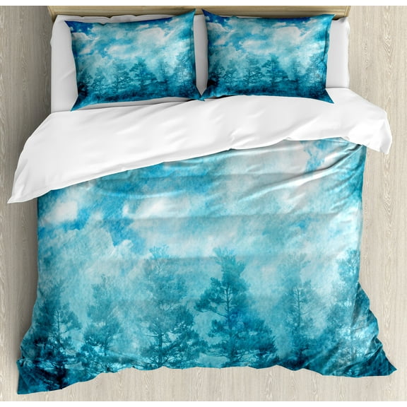 Grunge Duvet Cover Set, Grunge Abstract Illustration with Night Forest Cloudy Sky Nature Landscape Picture, Decorative 3 Piece Bedding Set with 2 Pillow Shams, Queen Size, Blue Teal, by Ambesonne