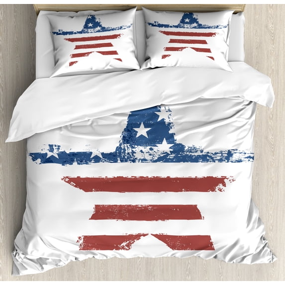 Grunge Duvet Cover Set, American Flag Print as Star Shaped Stripes National Emblem Illustration, Decorative 3 Piece Bedding Set with 2 Pillow Shams, Calking Size, Navy Brown, by Ambesonne